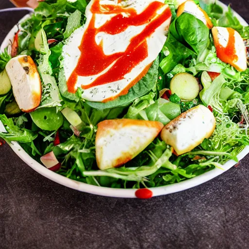 Prompt: a giant salad that is bigger than a building, with mozzarella and a lot of sauce, culinary art photography, award winning photography