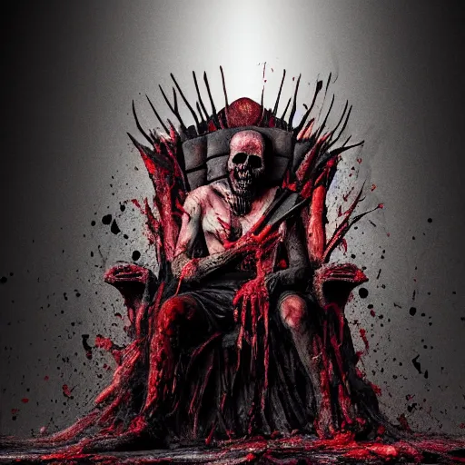 Image similar to the king of death, sitting on throne, blood splatters, shadows, hyperrealistic, dead bodies in the background, high resolution, 8 k