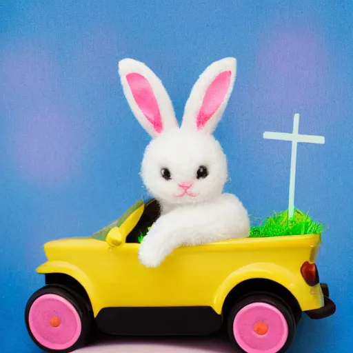 Image similar to easter bunny riding a convertible, studio photo, high quality