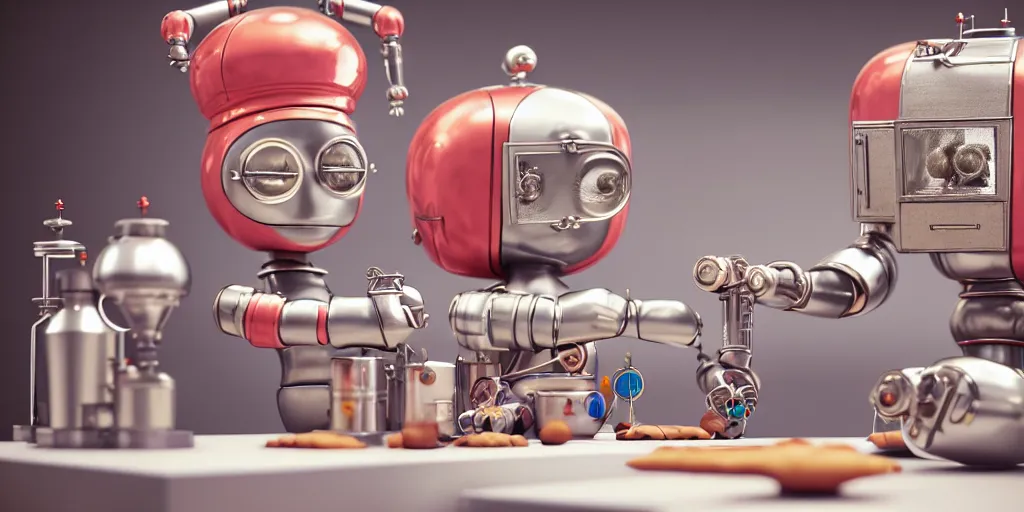 Image similar to closeup portrait of tin toy retro robot scientists cooking pastry in a kitchen, depth of field, zeiss lens, detailed, centered, fashion photoshoot, by nicoletta ceccoli, mark ryden, lostfish, breathtaking, 8 k resolution, extremely detailed, beautiful, establishing shot, artistic, hyperrealistic, octane render