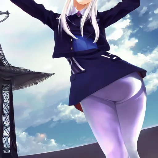 Prompt: aristocratic platinum - blonde - haired hime - cut blue - eyed princess wearing white leggings and black jacket, standing next to communist monument, anime, hd anime wallpaper, hyperrealistic lighting, drawn by artgerm