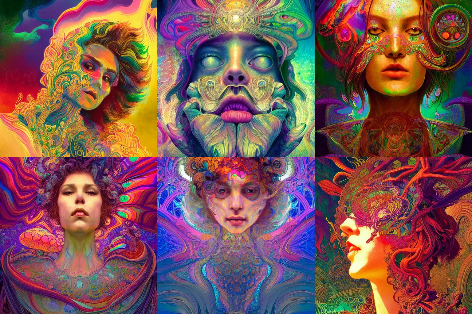 Image similar to A psychedelic experience, colorful, surreal, volumetric lighting, magic mushrooms, psilocybin, LSD, face, detailed, intricate, elegant, highly detailed, digital painting, artstation, concept art, smooth, sharp focus, illustration, art by Sam Spratt and Artem Demura and Alphonse Mucha