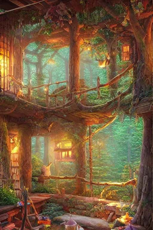 Prompt: professional digital art detailed of inside room of a tree house in the forest by evgeny lushpin and thomas kinkade