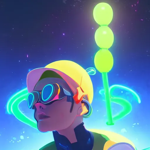 Image similar to cat with a neon balloon in space | hyperrealistic digital painting by makoto shinkai, ilya kuvshinov, lois van baarle, rossdraws | afrofuturism in the style of hearthstone and overwatch, trending on artstation