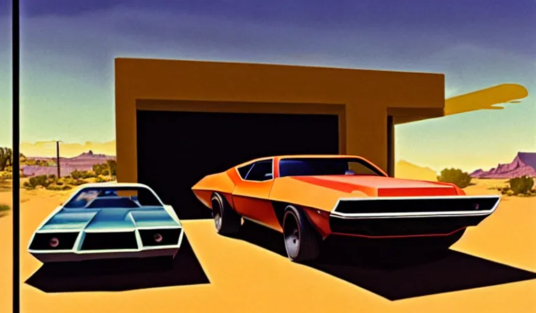 Prompt: a cinematic matte painting of a sleek 1 9 7 0 s vaporwave concept retro - futurism sci - fi muscle car in an open cluttered garage in the american southwest, view from the street. cactus. by eric lafforgue, glennray tutor and edward hopper, greg rutkowski. trending on artstation.