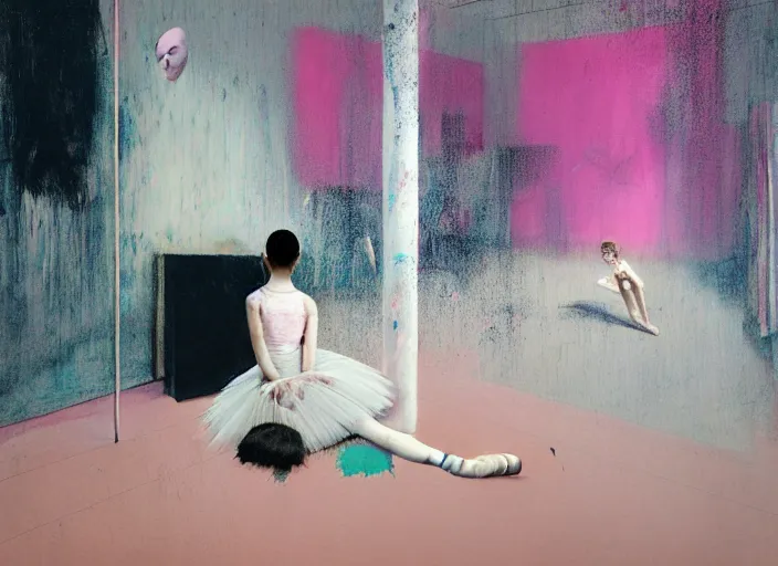 Image similar to portrait of nervous young girl ballerina sitting on the floor focusing in a dance hall by beeple and hernan bas and francis bacon and pat steir and hilma af klint, psychological, photorealistic, symmetrical face, dripping paint, washy brush, matte painting, rendered in octane, altermodern, masterpiece