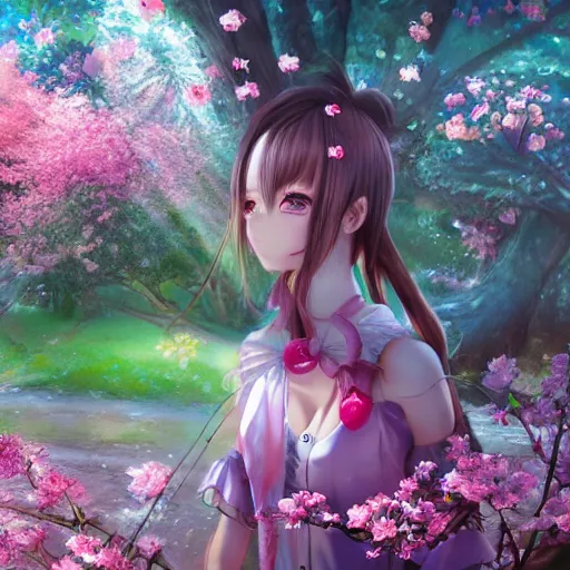 Image similar to 3d rendered anime girl with cherry blossoms as clothing in a flower garden, fantasy art, hyper realistic, detailed, ultra detailed, dynamic lighting, fantasy concept art