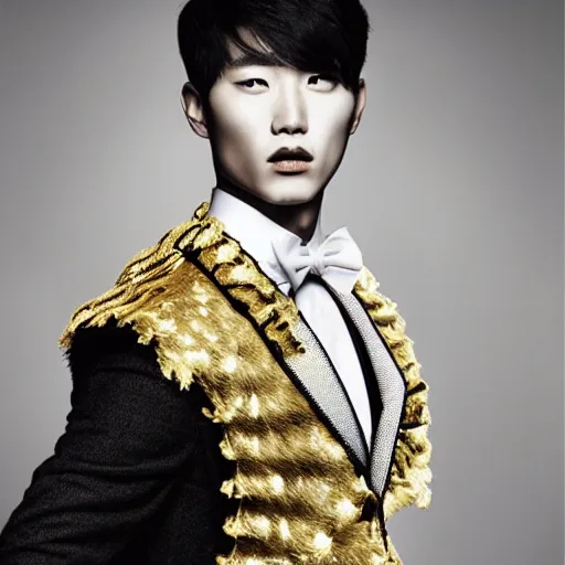 Image similar to a beautiful young korean male wearing moschino couture, photographed by erwin olaf