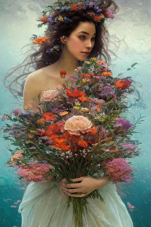 Image similar to portrait of a beautiful mysterious woman holding a bouquet of flowing flowers, hands hidden under the bouquet, submerged underwater filled with coral reef, fantasy, regal, intricate, by stanley artgerm lau, greg rutkowski, thomas kindkade, alphonse mucha, loish, norman rockwell