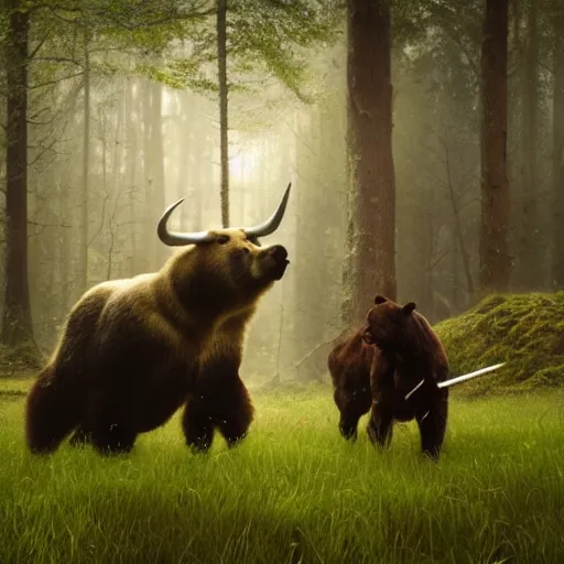 Image similar to a bear fighting a bull, magical forest, fantasy, Ireland, England, king Arthur, Lord of the rings, cinematic, realistic style, beautiful, majestic, dramatic lighting, early morning, dawn CGsociety, realistic, hyper maximalist, golden ratio, octane render, rule of thirds, wide shot , 8k resolution, epic volumetric light, cinematography, concept art, Artstation trending, environments, fantasy