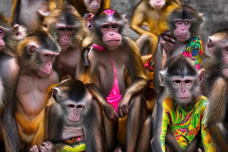 Prompt: Contamporary art fashion photography of ultra mega super hyper realistic detailed group of ultra mega super hyper realistic detailed monkey's in detailed colourful sport suits . Photo shot from 30m distance on ultra mega super hyper Leica Q2 Camera, Rendered by DaVinci Resolve