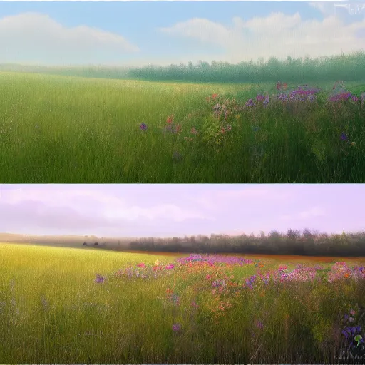 Image similar to a matte painting of a european prairie, cottage town, patchy flowers, oil painting, pale colors, high detail, 8 k, wide angle, trending on artstation,