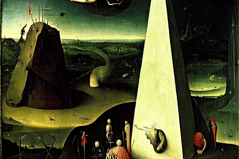 Image similar to the white obelisk the serpent and the black obelisk, oil on canvas, high detail, by hieronymus bosch