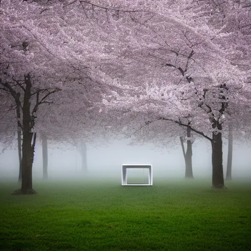 Image similar to a photograph of a white concrete cube sitting center frame in the middle of a cherry blossom forest, foggy, liminal