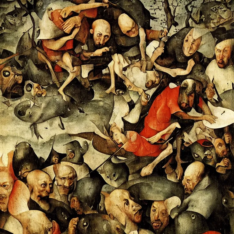 Prompt: The portrait of half-fish men falling from the tree of knowledge by Hieronymus Bosch and Pieter Bruegel inspired, super detailed oil painting, hyper realistic faces, 4k, masterpiece