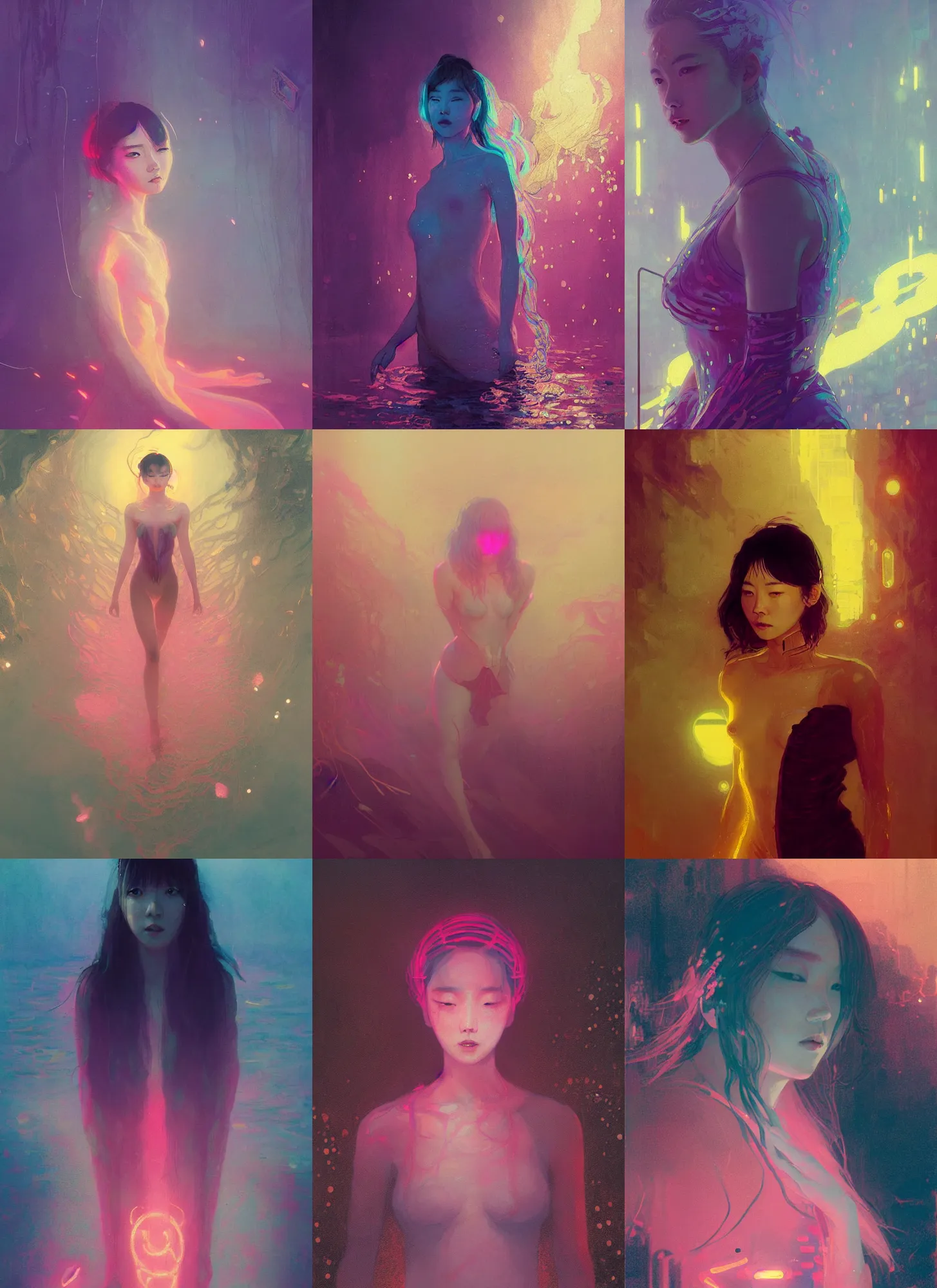 Prompt: lee jin - eun emerging from pink bioluminescent wave in gold cyberpunk theme by greg rutkowski, claude monet, conrad roset, takato yomamoto, james jean, rule of thirds, seductive look, beautiful