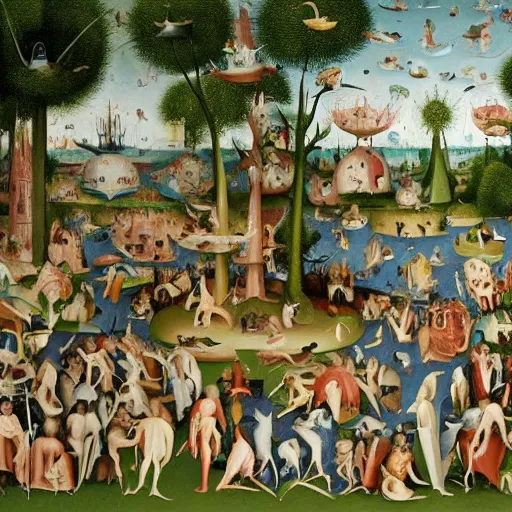 Prompt: a photorealistic version by martin parr of a bosch garden of earthly delights