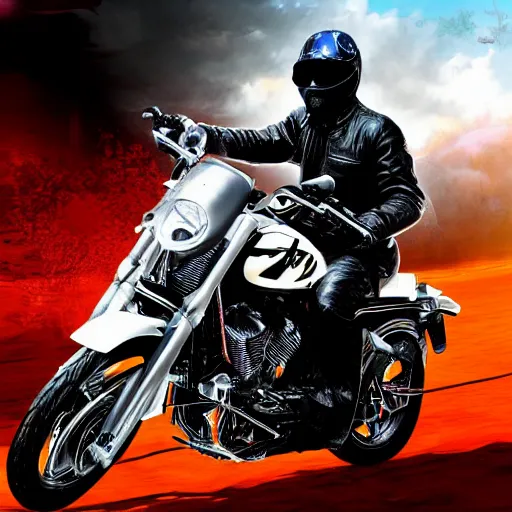 Image similar to Keanu reeves Riding a motorcycle through hell digital art 4K detail