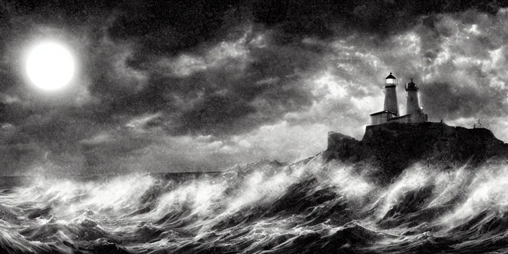 Prompt: the lighthouse at the end of the world, night, epic clouds, atmospheric, big waves crashing, cthulhu rising