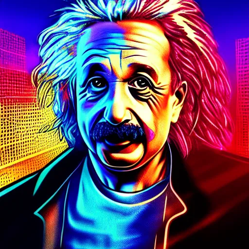 Image similar to high detailed portrait of albert einstein, staying in front of dark city, cyberpunk2077, cyberpunk, neon, cool colors, artstation, digital illustration