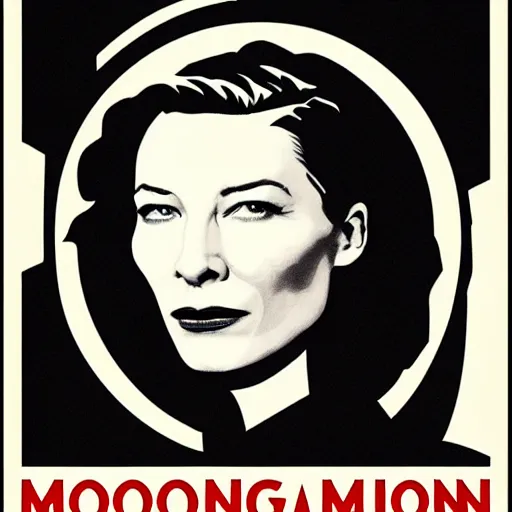 Image similar to propaganda poster for colonizing the moon with cate blanchett, by bonesetell