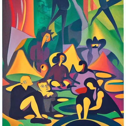 Image similar to bright oil on masonite painting by aaron douglas of a psychedelic conference of scientists / professors / researchers, high detail