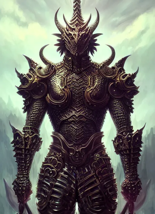 Prompt: intricate ornate armor!! muscular and tall humanoid dragon!!!! draconian!! character concept art, sharp focus, octane render! unreal engine 5! highly rendered!! trending on artstation!! detailed linework!! illustration by artgerm, wlop, and chie yoshii