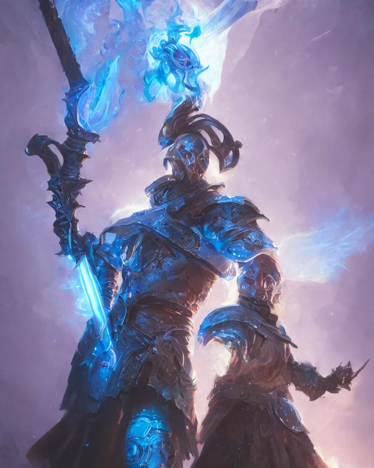 Prompt: portrait of fantasy paladin wielding a sword with blue flames, intricate baroque armour, glowing aura, trending on artstation, 4 k, greg rutkowski, concept art, matte painting