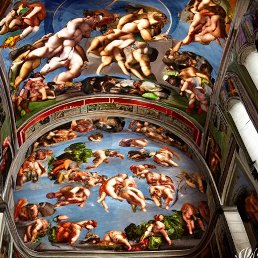 Prompt: sistine chapel, art depicting an alien space battle, canon 5 d, 5 0 mm zeiss lens