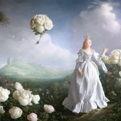 Image similar to a sweet queen with a white large magnificent more and more vaporous ,wrapped ,hight decorated, detailed ,white roses cotton cream dress shooting surrounded by a wonderful renaissance landscape background, octane,3d, surrealism 8k