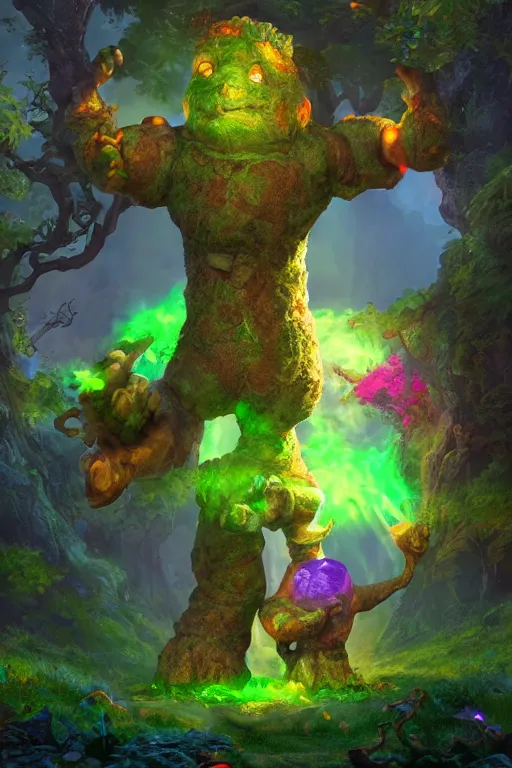 Image similar to arcane fantasy art giant golem elemental wood rock bastion forged gemstone enchanted forest troll, global illumination ray tracing hdr fanart arstation by sung choi and eric pfeiffer and gabriel garza and casper konefal lisa frank zbrush central hardmesh radiating a glowing aura