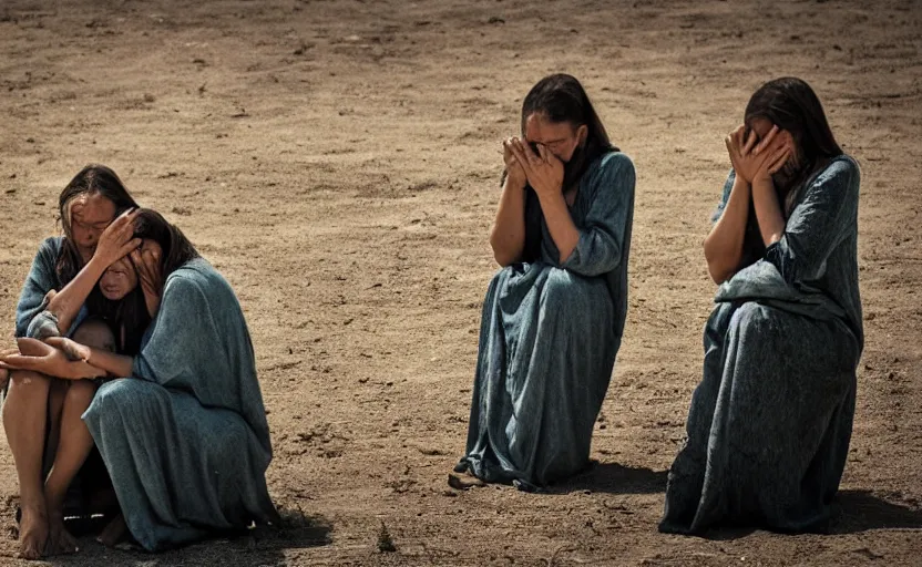 Image similar to three maria's crying in a landscape because jesus died, cinematic, dynic pose, award winning photo by national geographic