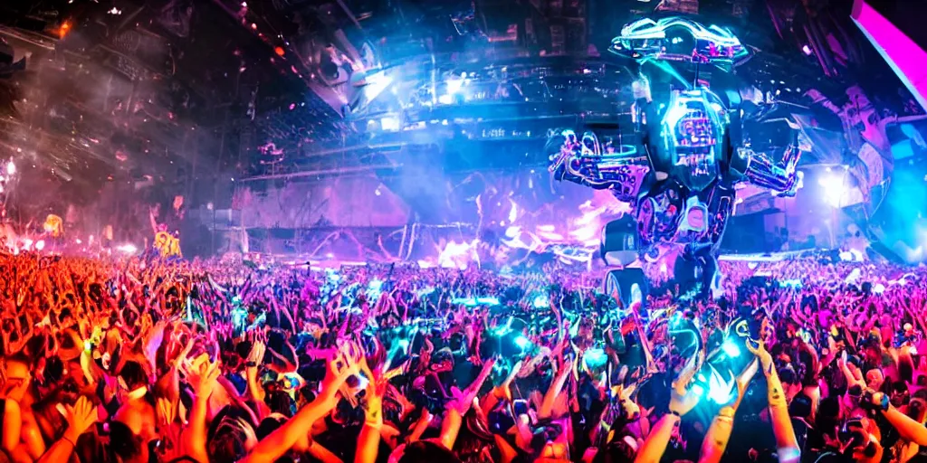 Image similar to the year of 2 0 4 9, the coolest + future + end of the world + edm show, 1 0 0 0 0 peoples watch the dj lives, huge digital robot on the middle of the stage, dance music show, maximum detailed, 2 4 mm fob lens, wide angle,