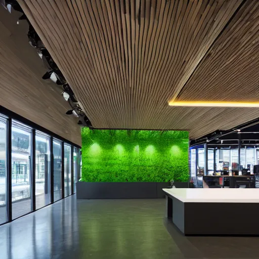 Image similar to interior photography of a Microsoft Samsung flagship store, black walls, textures, wood, polished concrete, spotlights, verdant plants green wall, water feature, award winning interior design, patterns, retaildesignblog, dezeen, 14mm, 8k, cinestill, pentax, film