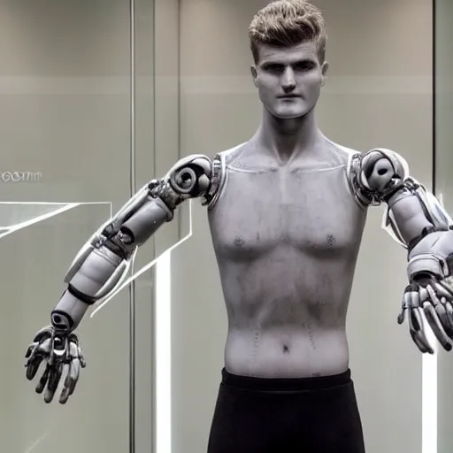 Image similar to a realistic detailed photo of a guy who is an attractive humanoid who is half robot and half humanoid, who is a male android, soccer player timo werner, shiny skin, posing like a statue, blank stare, by the pool, on display, showing off his muscles, humanoid robot, frozen ice statue, made of ice