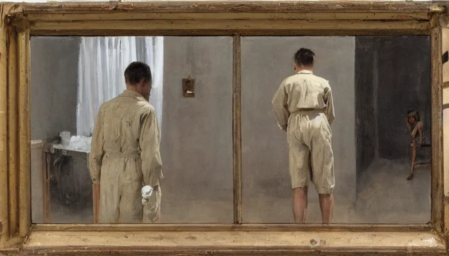 Prompt: painting by borremans, man back standing in front on the mirror and his back in the mirror with small village house and tiny modern car, detailed, stunning