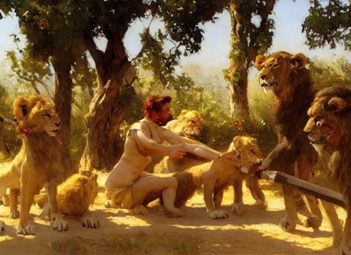 Prompt: a couple in love feeding the lions, highly detailed painting by gaston bussiere, craig mullins, j. c. leyendecker