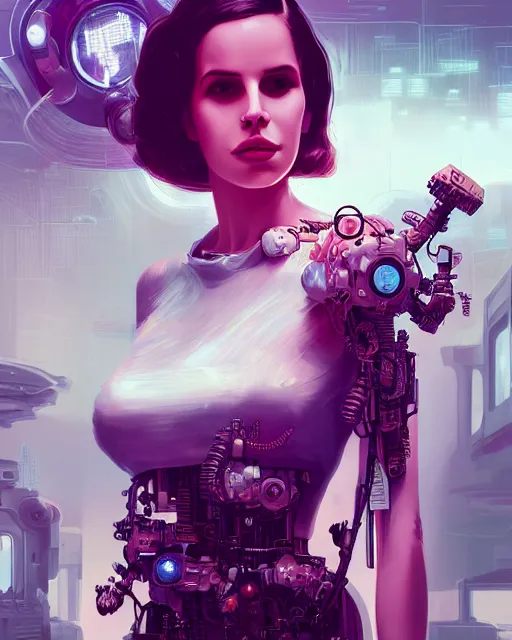 Image similar to portrait of lana del rey as a cyberpunk cyborg. roses, sci - fi, missing panels, intricate abstract upper body intricate artwork, by tooth wu, wlop, beeple, dan mumford. concept art, octane render, deviantart, greg rutkowski, cinematic, key art, hyperrealism, iridescent accents