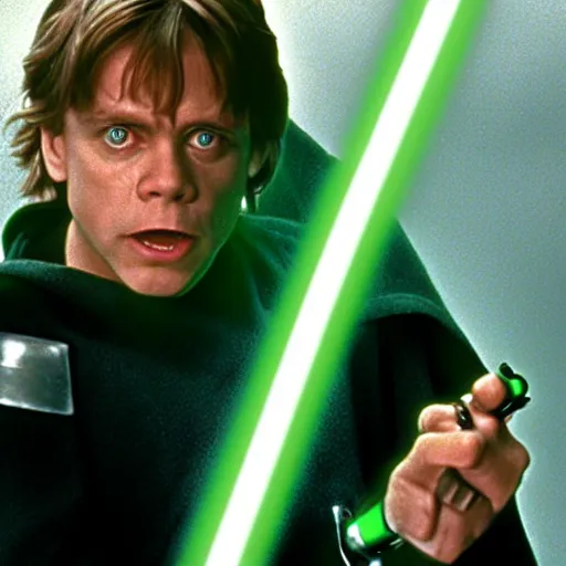 Image similar to a still from a film featuring clean shaven mark hamill as jedi master luke skywalker, holding a green lightsaber by the hilt, full body, 3 5 mm, directed by steven spielberg, 1 9 9 4