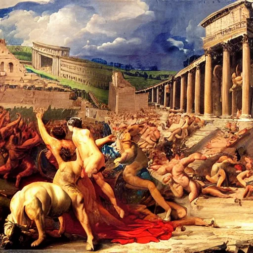 Prompt: the fall of rome, oil in canvas