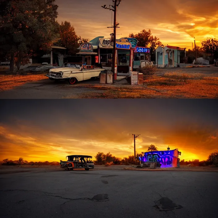 Image similar to a sunset light landscape with historical route 6 6, lots of sparkling details and sun ray ’ s, blinding backlight, smoke, volumetric lighting, colorful, octane, 3 5 mm, abandoned gas station, old rusty pickup - truck, beautiful epic colored reflections, very colorful heavenly, softlight