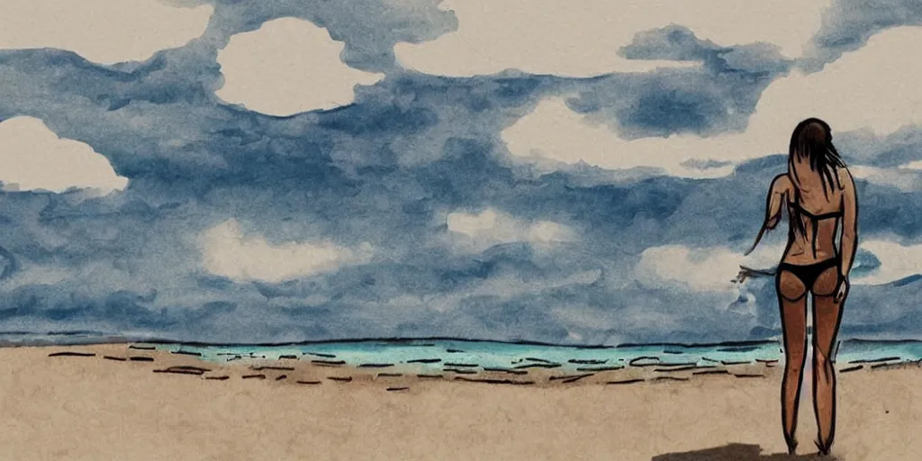Image similar to ink portrait of a woman in a bikini on the beach, chinese brush pen illustration, big clouds visible in the background, bright sunshine, high contrast, deep black tones, contour