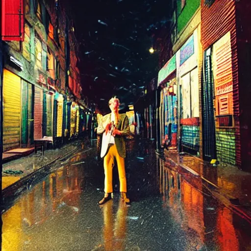 Prompt: night flash portrait photography of eliot offen on the lower east side by annie leibovitz, colorful!!, nighttime!, raining!