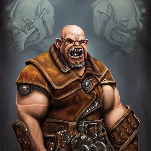 Prompt: portrait of a muscular, bald orc mechanic, wearing a heavy brown leather coat, wielding a wrench, steampunk setting, gears, airship, Warcraft character, dramatic lighting, high detail, digital art