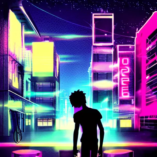 Prompt: one man silhouette standing in front of a cyberperunk city, neon lights, anime, night, very beautiful, trending on deviantart,