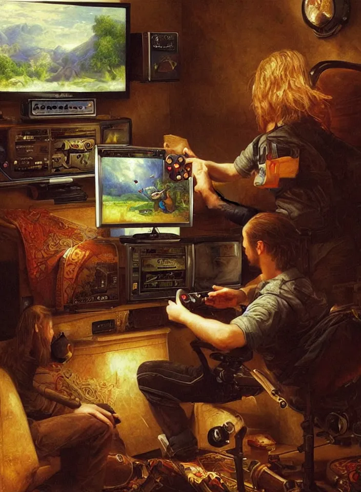 Prompt: Men playing video games on CRT television using Atari joysticks. Painting by Sophie Anderson. Intricate details. hyper realism. Masterpiece.