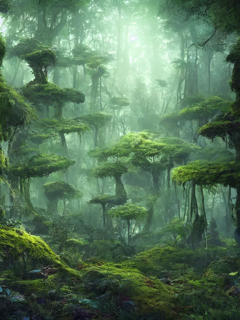Prompt: a beautiful otherworldly fantasy landscape of a hidden forest with colorful mystical plants and huge psychedelic mushrooms as the trees, rendering, cryengine, vray render, cinema 4 d, cgsociety, bioluminescent