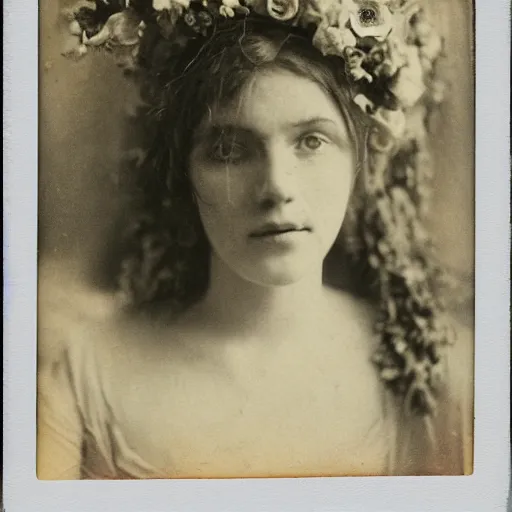 Image similar to portrait of a beautiful woman corpse covered in flowers, 1910 polaroid photography,