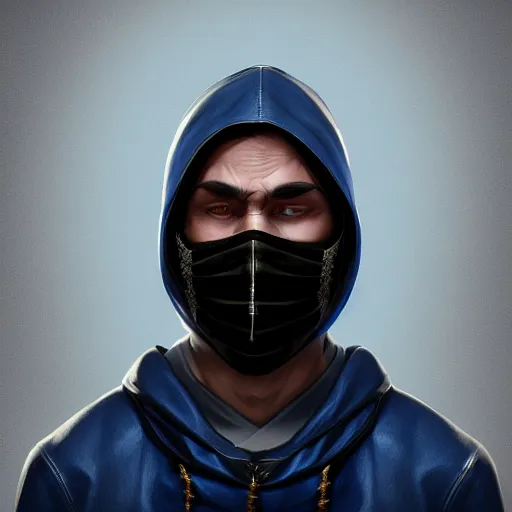 Image similar to a highly detailed, portrait of a man with black hair with a black medical mask, in a hood in the form of a blue shark with white teeth, artstation, DeviantArt, professional, octane render, digital art