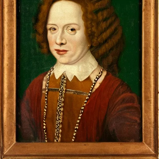 Prompt: portrait of a 40 years old women, dark red hair, green eyes, in historic clothing, 17th century painting, no background